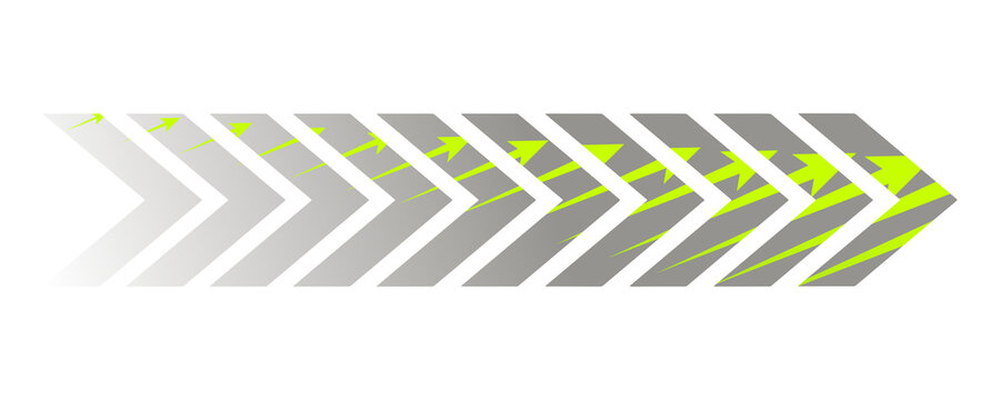 Yellow gradient chevron arrow pattern with fade effect pointing right on transparent background. Gradient chevron arrow pattern. Abstract directional movement design. Modern forward indicator symbol 