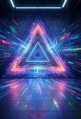 Fototapeta premium Cybersecurity and digital transformation, neon triangle portal with glowing data streams and futuristic light tunnel in a dark virtual reality space