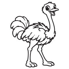 Fototapeta premium Happy cute ostrich cartoon animal illustration standing proudly for kids coloring book page activity with cheerful smile on white background