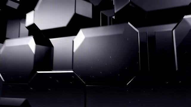 Geometric abstract landscape with shifting hexagonal structures in dim cinematic lighting