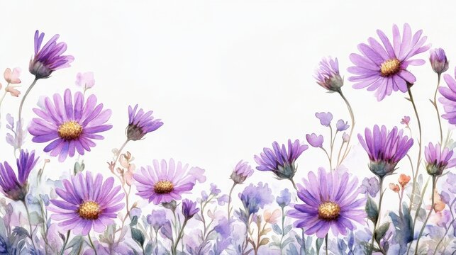cute watercolor alpine aster flowers, pastel purple, white background