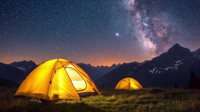 Illuminated yellow tents under starry night sky with Milky Way. Sunrise over mountain range in wilderness. Panning shot.