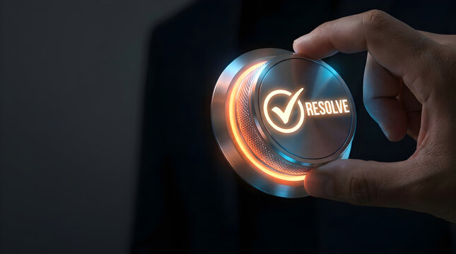 Person turning a glowing metal dial with a checkmark and the word resolve on it