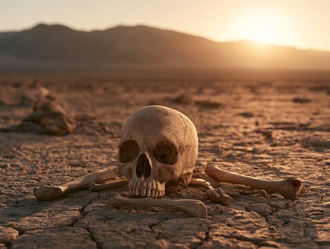 Human skull resting on dry cracked earth with scattered bones in a desert