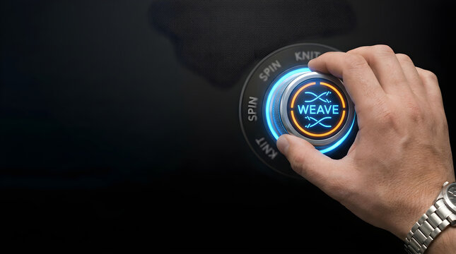 Hand turning a glowing dial set to weave mode on a modern control panel
