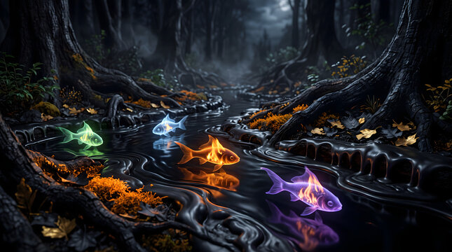 Surreal cinematic macro landscape of a dark forest floor stream with glowing magical elemental fish, Magical glowing fish swimming in a dark forest river at midnight