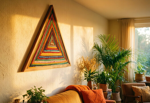 Interior design and home decor, colorful triangle yarn wall art in a cozy living room with warm golden hour sunlight and indoor house plants