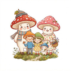 Fototapeta premium Whimsical cartoon mushroom family with kids and gnome in forest meadow setting