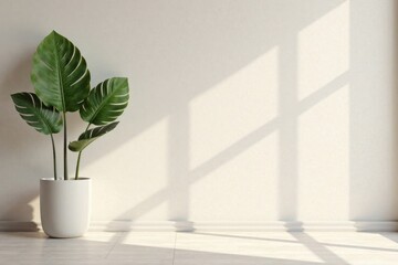 Fototapeta premium Serene Minimalist Interior Design Featuring a Lush Green Plant in a Simple White Pot Against a Blank Wall with Sunlight Streaming Through a Window