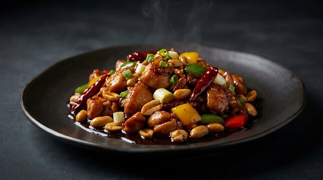 Kung pao chicken stir fry with peanuts and colorful vegetables served on a dark plate. kung pao chicken