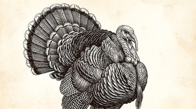 Detailed ink sketch of a wild turkey with elaborate feathers displayed.