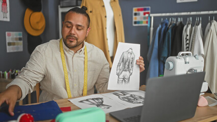 Fototapeta premium Hispanic man holding design sketch and blue fabric, tape measure around neck, examining patterns by sewing machine and laptop in studio; creative concentration.