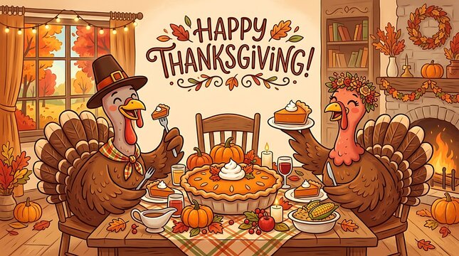 Cartoon turkeys enjoying thanksgiving pie feast in decorated dining room.