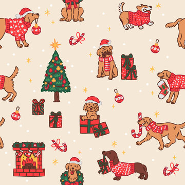 Cute Christmas Dogs Seamless Pattern with Festive Elements