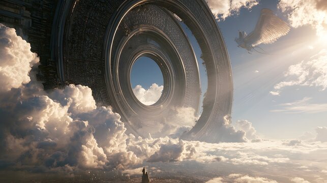 A small person observes a massive ancient ring floating above a city in the clouds with a flying creature
