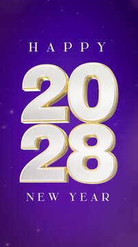 Festive Happy New Year 2028 vertical banner with elegant white and gold 3D numbers on purple.