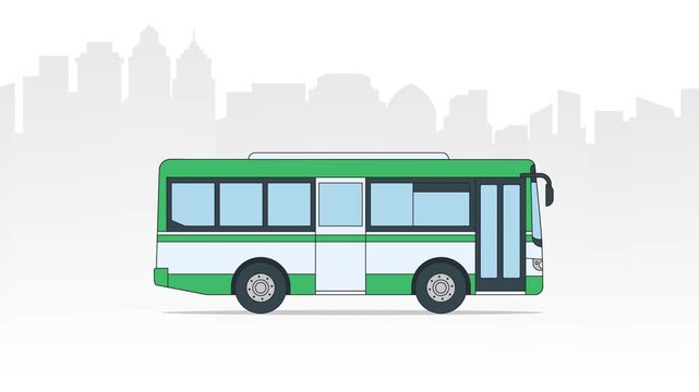 Green and white city transit bus driving side view against a grey urban skyline background, 2D vector animation.
