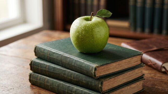 Vibrant green plants atop a pile of classic books in a warm study
