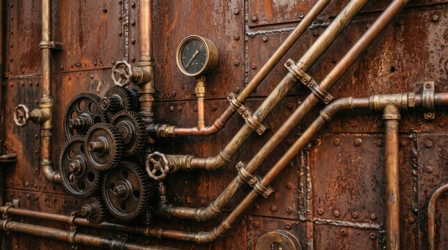 Rusty mechanical gears and pipes on industrial wall background