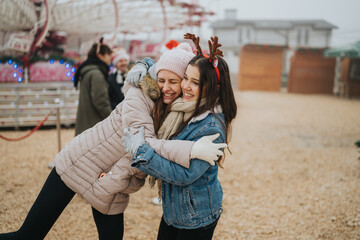 Naklejka premium Two young women hug and smile while dressed in winter coats and scarves. They share a joyful moment at an outdoor Christmas market with festive accessories.