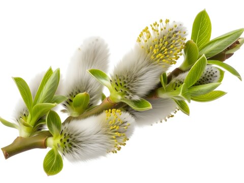 A macro view of fluffy pussy willow catkins with fresh green leaves on a white isolated background