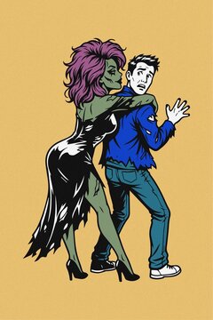 A Halloween-themed illustration featuring a female zombie with a terrifying expression hugging a man, leaving him terrified Illustrator Artwork Design Template Poster