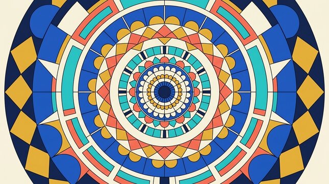 Circular geometric mandala pattern with vibrant blue and orange mosaic tiles