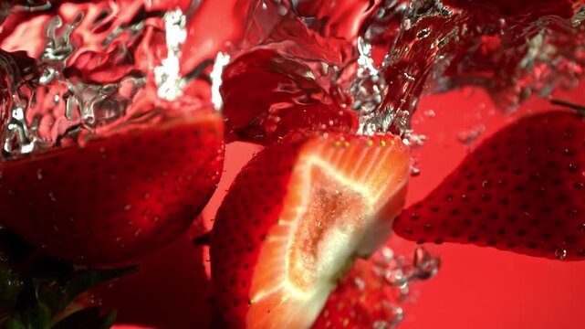 Super Slow Motion Shot of Fresh Strawberries Falling into Water at 1000fps.