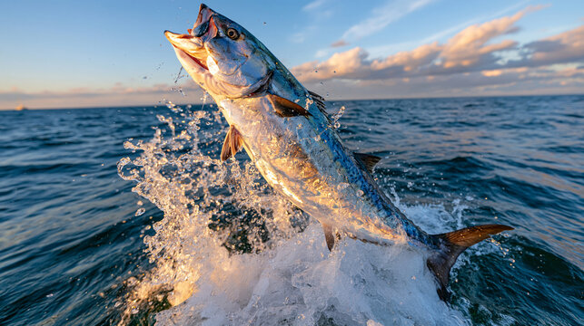 Ultra photorealistic large king mackerel launching out of the ocean in a spectacular vertical leap, violent water explosion beneath the fish, crystal droplets suspended with perfect freeze-frame cla