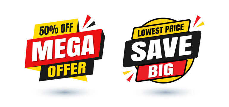 Mega offer and save big sale badges with discount tags vector