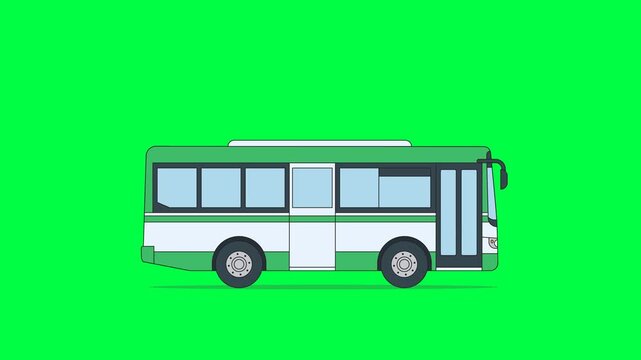 Green and white city transit bus driving side view, 2D vector animation on green screen background.