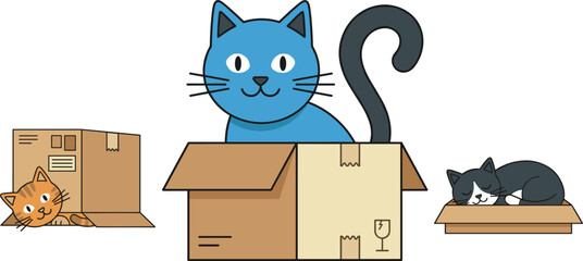 Fototapeta premium Cute Cartoon Cats in Cardboard Boxes Vector Set, Playful Blue Kitten and Sleeping Tuxedo Cat Graphic Elements