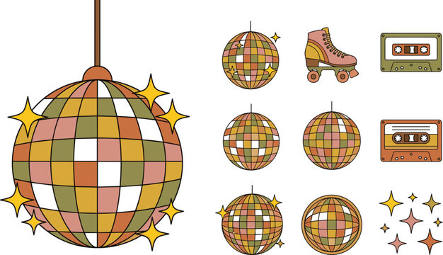 Retro 70s Groovy Disco Ball Roller Skate and Cassette Tape Vector Set