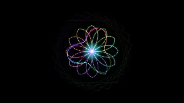 Abstract geometric flower pattern with neon glowing light rotation on black background colorful rainbow spectrum lines spirograph mandala symetry loop animation motion graphics visual effect energy
