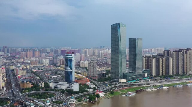 Aerial View of Ningbo City Skyline with River and Highway Interchange in Zhejiang, China in Ningbo, Zhejiang, China