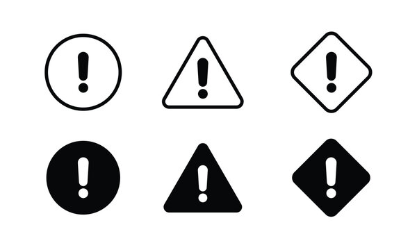 Set of warning icons in bold outline and solid styles. Shapes include circle, triangle, and diamond. Black and white design emphasizes clarity and urgency. Icons suitable for safety, caution