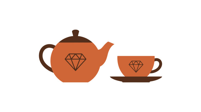 Minimalist vector illustration featuring an elegant brown teapot and teacup set with simple diamond brand icons