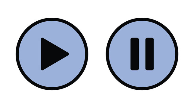 Play and pause button vector graphic illustration featuring minimalist blue circular icons on white background