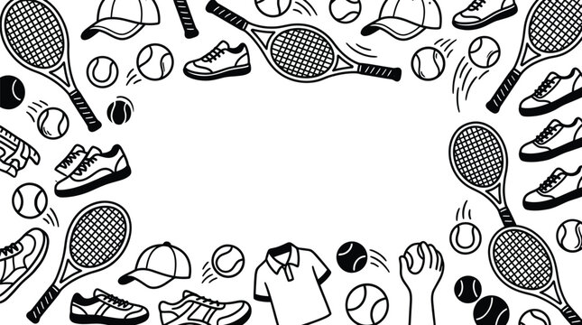 Tennis sports pattern vector illustration featuring black and white icons of rackets balls and sneakers