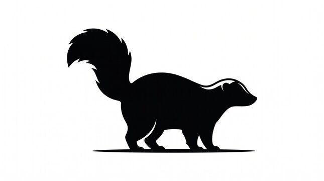 Minimalist skunk silhouette logo featuring a bushy tail and distinctive stripe details standing on a thin horizon line against a clean white backdrop.