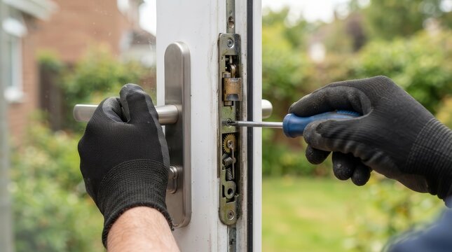 Maintenance worker repairing a white door lock and handle with professional tools and gloves.