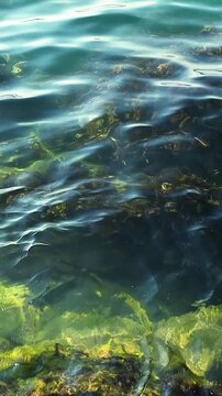 Underwater scene displays rocky seabed with green algae and clear water, as waves create ripples and movement over the stones in a coastal setting