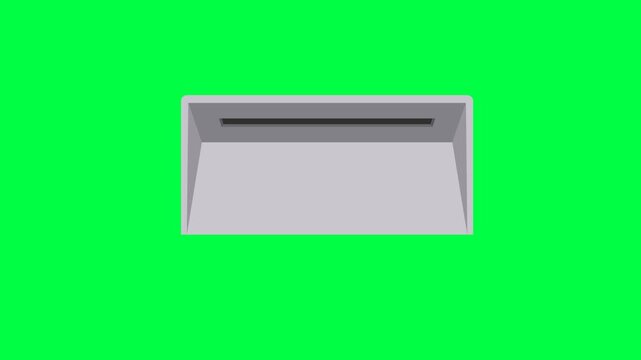 Hand withdrawing US dollar cash bills from automated teller machine (ATM) slot or payment dispenser, vector animation on green screen background.