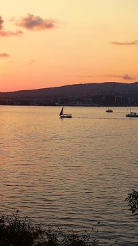 Sunset over calm water with boats sailing, silhouetted trees framing the scene, and distant hills creating a serene landscape in a coastal region