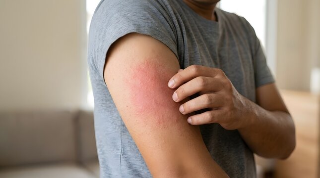 Close-up of a man scratching a large red itchy rash on his upper arm, showcasing symptoms of skin inflammation, dermatitis, eczema, or an allergic reaction in a healthcare and medical context.