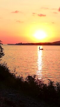 Sunset over calm water with boats sailing, silhouetted trees framing the scene, and distant hills creating a serene landscape in a coastal region