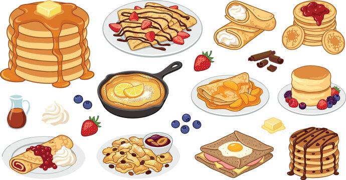 Vector illustration set of delicious breakfast pancakes crepes and waffles with various toppings on white background