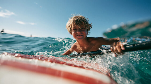 Under the water view angle to the smiling blonde teenager, boy rowing stand up paddleboard. Active family summer vacation time near the sea concept image
