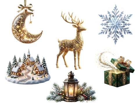 Golden Christmas elements set, festive reindeer and winter village, luxury holiday decorations