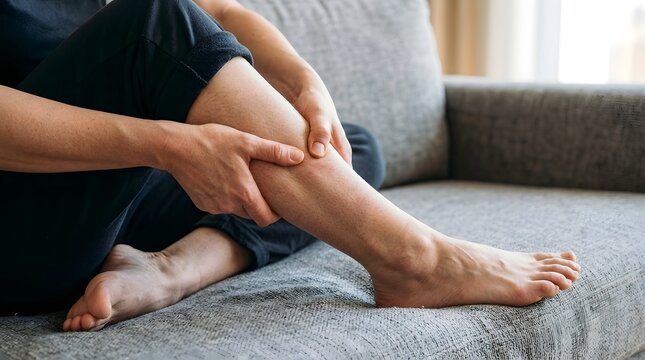 Close up of a person sitting on a sofa and suffering from leg muscle pain and calf cramp, massaging the lower leg to relieve tension, soreness, and physical discomfort in a domestic setting.